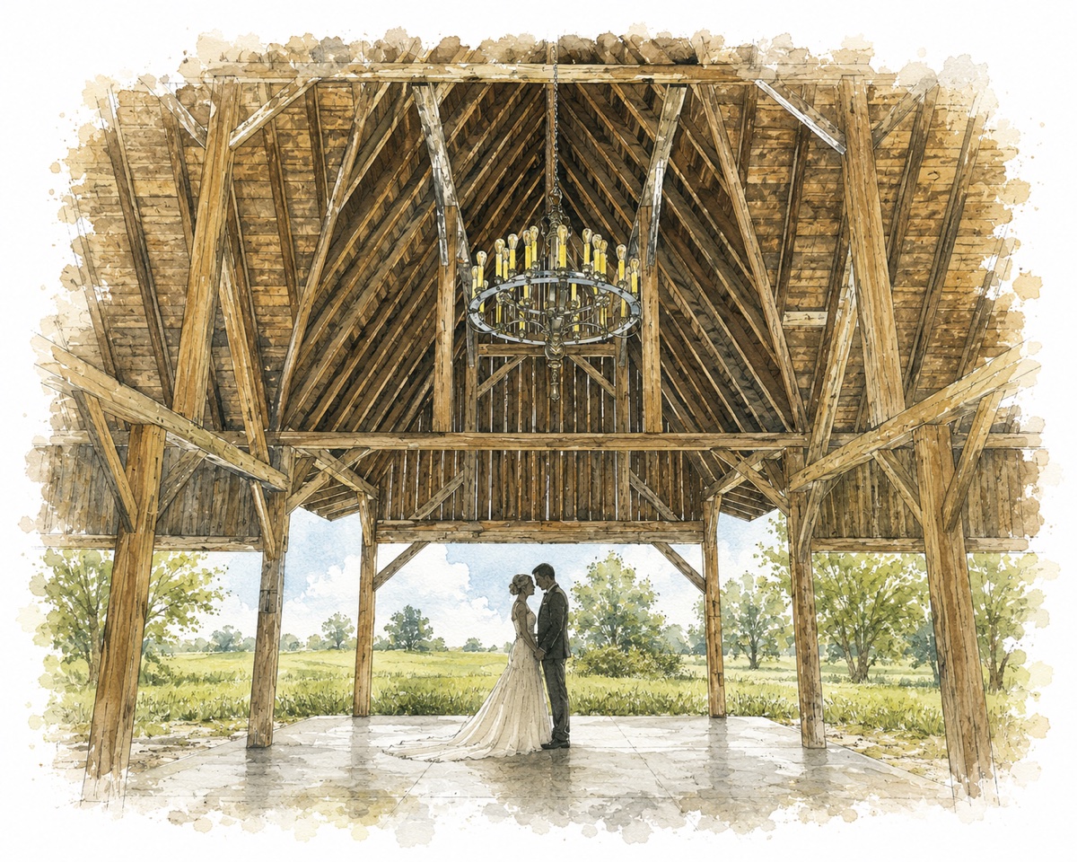 Couple beneath the timber pavilion